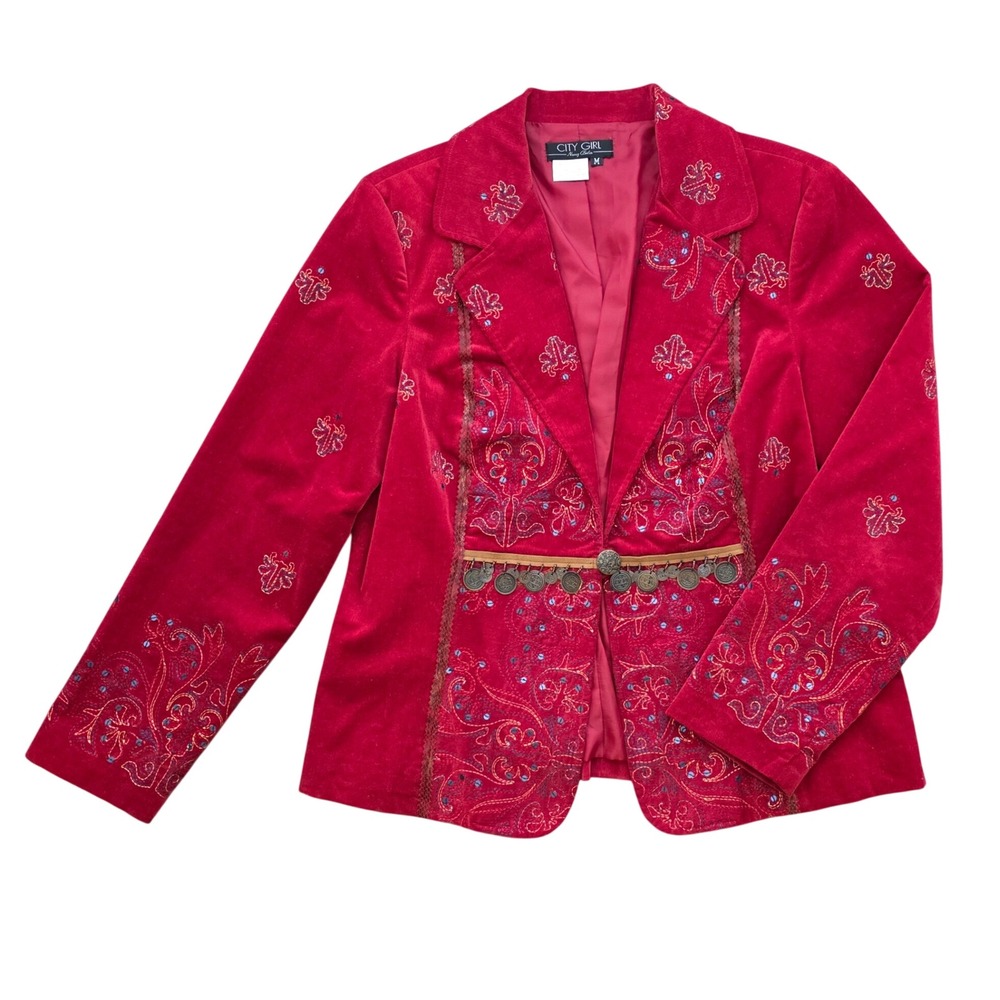 Vintage Boho Red Corduroy Embroidered Coin Fringe Blazer By City Girl Size M